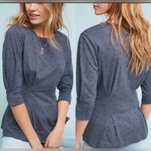 Anthropologie T. la Carbon Gray Pleated Polka Dot Top Size M Blouse 3/4 Sleeves